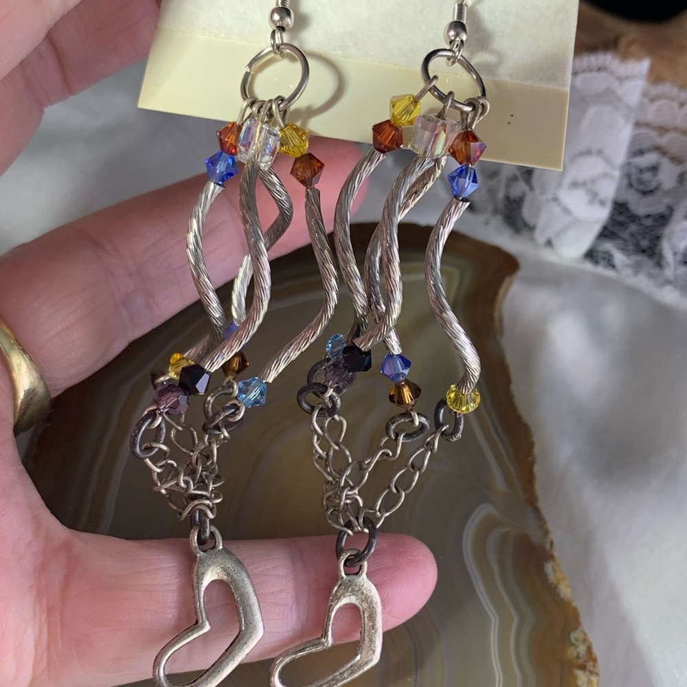 HANDCRAFTED MULTI COLORED SWAROVSKI CRYSTAL HEART NEW 3" Earrings One of a kind